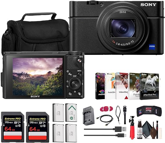 Sony Cyber-Shot RX100 VII Digital Camera (DSC-RX100M7) 20.1MP 1-Inch Stacked CMOS Sensor | ZEISS 24200mm Zoom Lens + 2 x 64GB Card + Case + 3 x NP-BX1 Battery + More