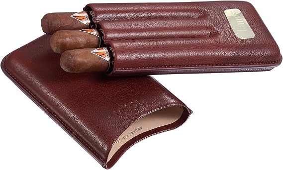 Visol Personalized 3 Finger Brown Leather Cigar Case with Engraved Plate