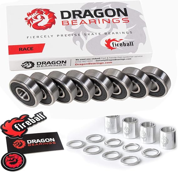 Fireball Dragon Race Precision Skateboard Bearings with Silver Dragon Precision Aluminum Spacers + Speed Rings | Set
