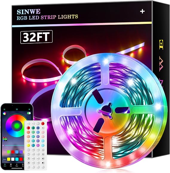 SINWE 10M Led Strip Lights, Music Sync Led Lights with 44 Keys Remote and App Control, Color Changing RGB Lights for Bedroom Room Home Kitchen Party Christmas Decoration (32.8ft) [Energy Class A]