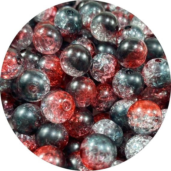 300pcs Crackle Acrylic Beads 8mm Round Crystal Acrylic Craft Beads for Jewelry Making DIY Bracelet Necklace Handmade Craft Decoration(Black-Red)