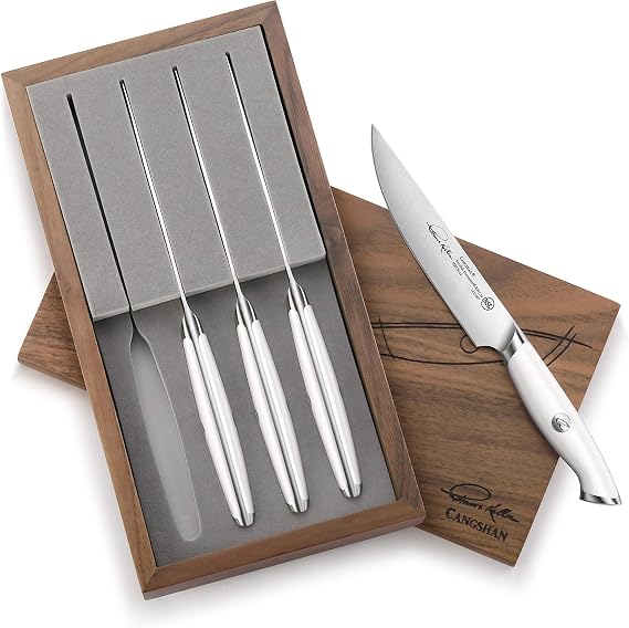 Cangshan Thomas Keller Signature Collection Swedish Powder Steel Forged Fine Edge Steak Knife Set of 4 with Walnut Box, White