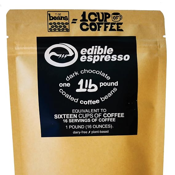 Edible Espresso - Dark Chocolate Covered Coffee Beans 150mg caffeine = one cup of coffee! Plant-based, Dairy-Free Natural Energy. (1 pound / 16 servings)