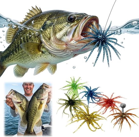 6Pcs Simulation Sea Urchin Bait for Black Pits, Realistic Fishing Lure for Bass & Perch, Floating TPR Swimbait with Reflective Stars, Artificial Worm Bait for Saltwater & Freshwater