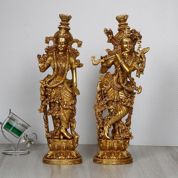 ARTVARKO Brass Radha Krishna Idol Murli Kishan Playing Flute Radha Pital Murti for Home Mandir Decor Marriage Height 14 Inch