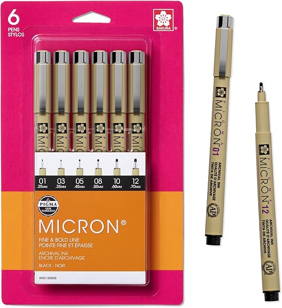 SAKURA Pigma Micron Black Ink Multi-tip Set, 6 Pack | Archival Ink Pens for Writing, Illustration, or Journaling, Fade Resistant, Precise, No Bleed