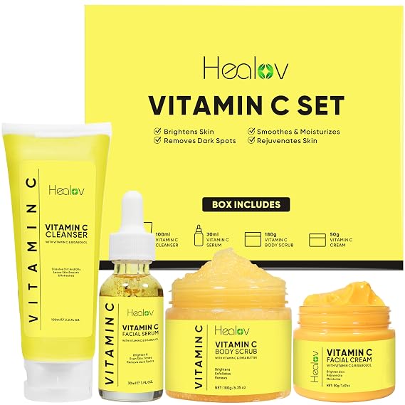 Vitamin C Skincare Set Hydrating Facial Cleanser, Exfoliating Body Scrub, Face Cream & Anti Aging Serum Vit C Reduces Dullness, Fine Lines, Wrinkles, Dark Circles Travel Kit for Youthful Skin