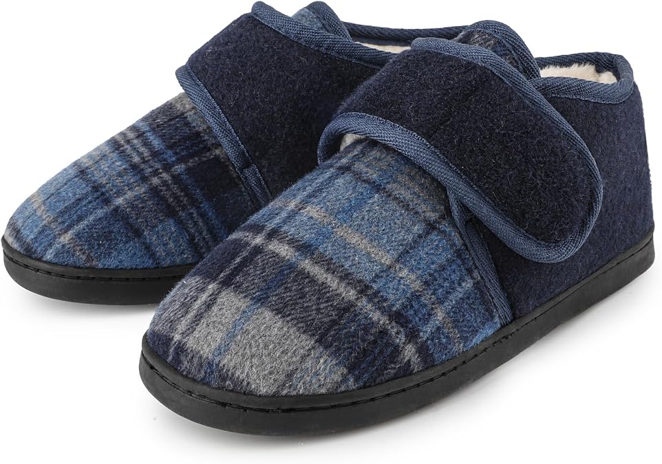 riemot Men's Adjustable House Slippers with Hook-and-Loop Closure | Felt upper, EVA-and-foam cushioning and a TPR outsole; choose terry lining (RG028) or coral fleece (RG028N).