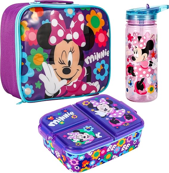 Minnie Mouse Kids Lunch Box Set – School & Travel Snack Boxes Set of 3 | Insulated Lunch Bag, Lunch Box with Compartments & 580ml Water Bottle, Lunch Bag & Box Gift Set for Boys & Girls | BPA Free