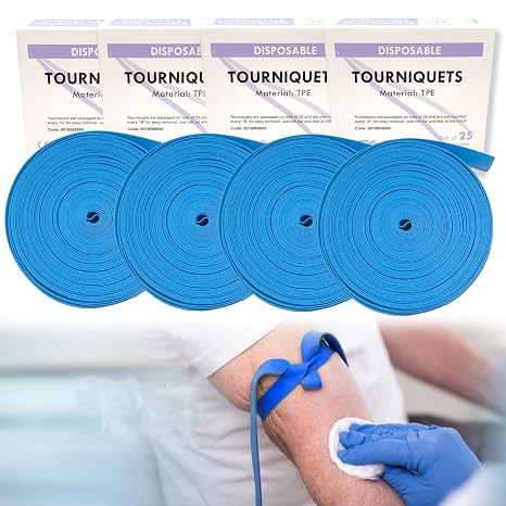 Med Tourniquet Disposable, Latex Free, TPE, 18 Inch Long, 4 Rolls of 100 pcs, Blue
