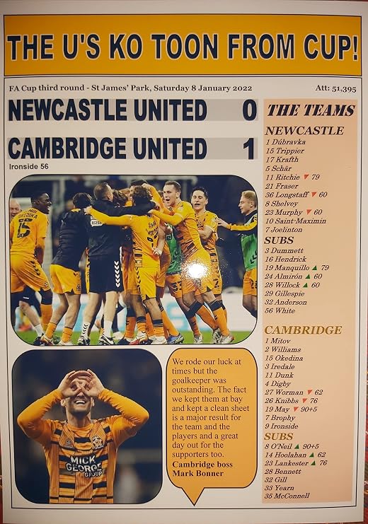 Newcastle United 0 Cambridge United 1 - 2022 FA Cup - souvenir print