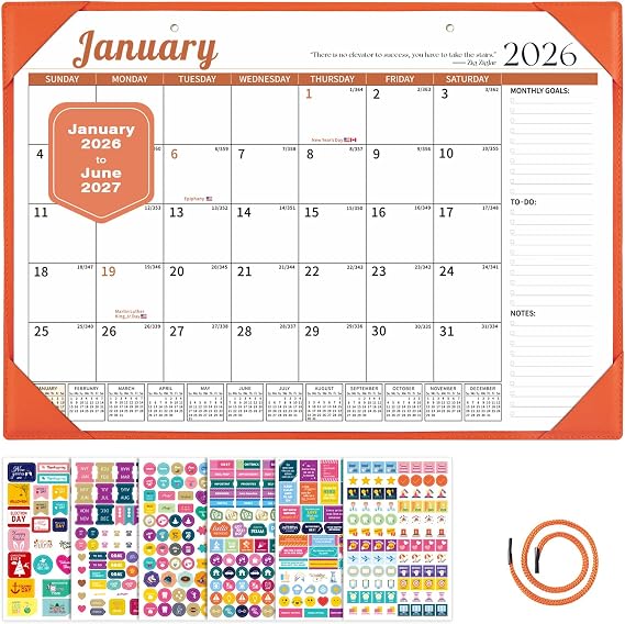 Ospelelf Desk Calendar 2026-2027 Wall Monthly Planner 12"x17" Leather Pad with Protective Cover 18 Months January 2026 - June 2027 Orange
