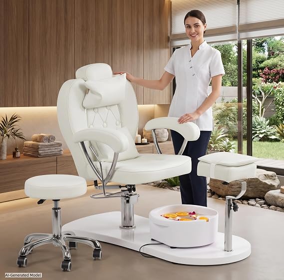 Pedicure Chair No Plumbing with Stool & Foot Bath (White)