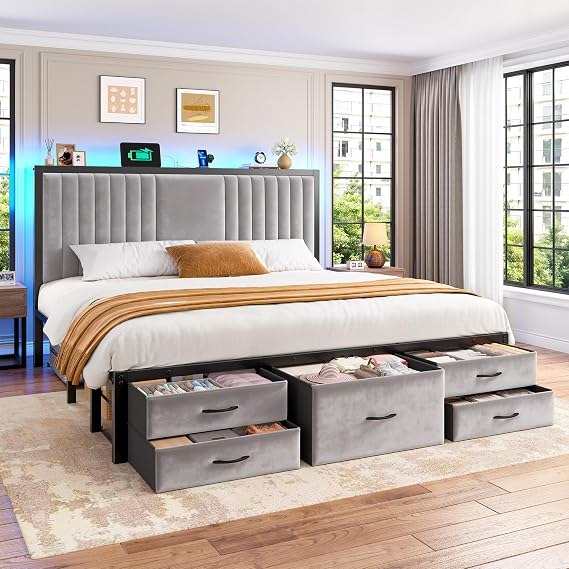 Homkdom Queen Bed Frame with 5 Drawers & Headboard,LED & Charging Station | Storage headboard for daily use,Built-in light strips,838lbs noise-free metal slats for small space & couples,Easy assembly