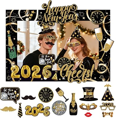 JeVenis 2026 Happy New Year Photo Booth Props Frame 2026 Party Supplies Photoshoot Props