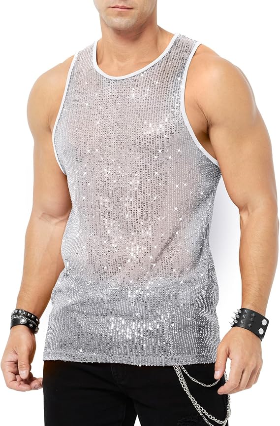 Arjen Kroos Men Sexy See-Through Mesh Sequin Disco Vest Sparkly Tank Top