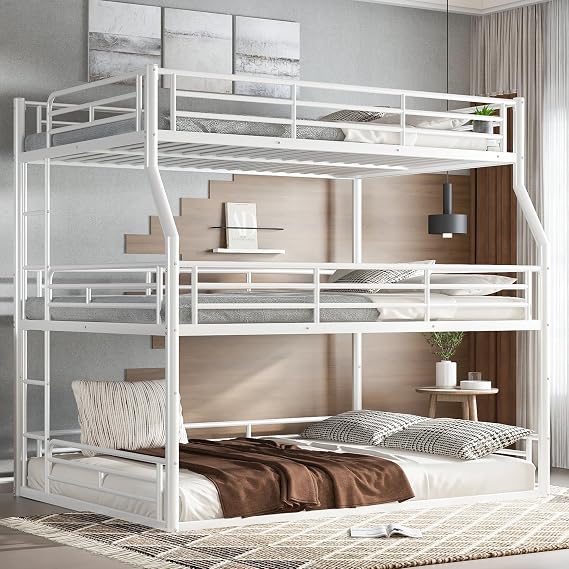 Bellemave Metal Triple Bunk Bed with Full-Length Guardrails, Full XL Over Queen Over Queen Bunk Bed for 3, Noise-Reduced, Metal White
