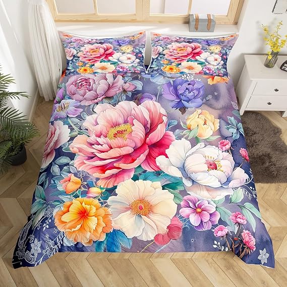 Peony Flower Duvet Cover,Kids Colorful Flowers Bedding Set,Vintage Floral Comforter Cover for Boys Girls Room Decor,Floral Art Lightweight Bedspread Cover Twin Size with 1 Pillow Case(No Comforter)