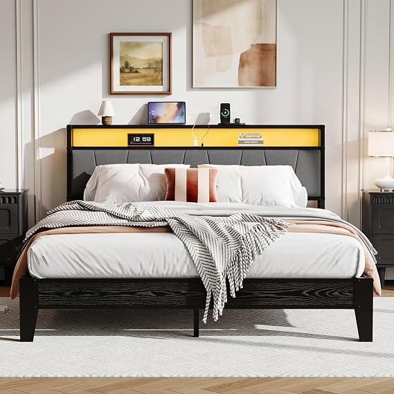 IRONCK King Size Bed Frame with LED Lights and Charging Station, 2 AC Outlets, 1 USB‑A, 1 USB‑C Port, 150x200 cm Stable Metal Bed Frame with Storage Shelf Upholstered Headboard, Easy Assembly, Black