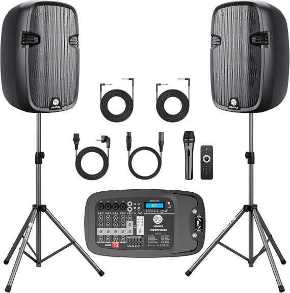 NBVOICE NBVPPS210DSP 10" 600W Professional Powered PA System with 99DSP Tech, 48V Phantom Power,8-Channel Mixer & Bluetooth 5.3,Tripods Included for DJ/Outdoor Events
