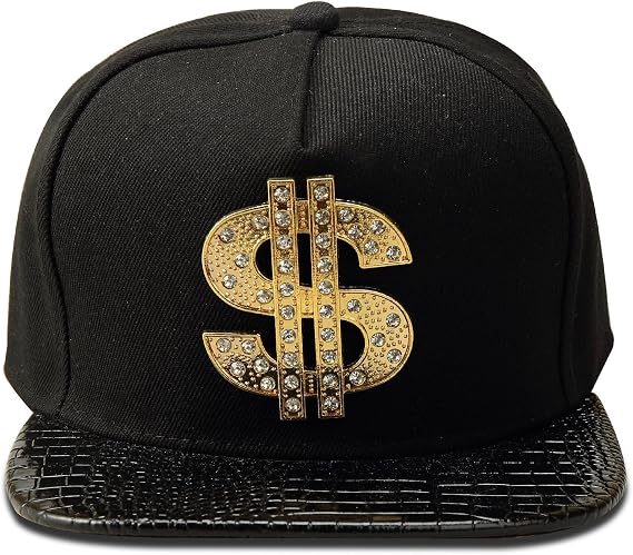 Snapback Cap Men's Hip-hop Flat top Brimmed hat, Flat Brim hat Dollar Sign hat, Faux Leather Brim Hip-hop Beanies Hats