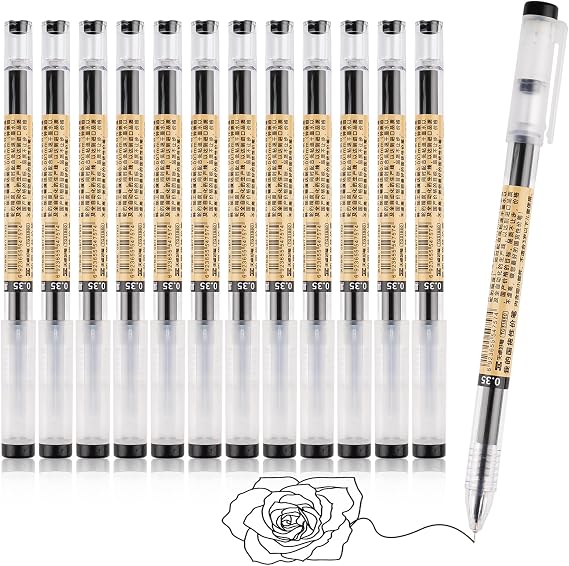 12 Pcs Gel Pens Black, Rollerball Pens, Smooth Writing pens, Ink pen for Writing, Liquid Ink Rollerball pens, pen Multipack, Handwriting Pens for School Kids Adult - 0.35mm