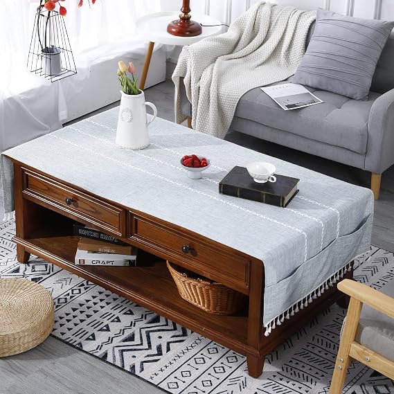 Linen Tassel Coffee Table Tablecloth Living Room Rectangular Tablecloth Cover with Pockets