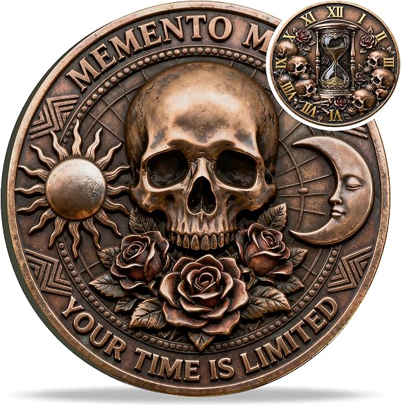 Memento Mori Coin - Skull & Hourglass of Time Stoic Challenge Coin - Momento Mori Stoicism Gifts with Clear Protective Case