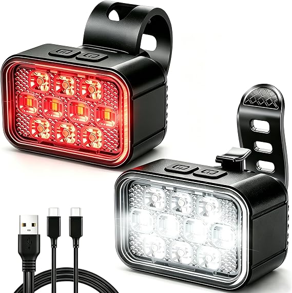 Victoper 10 LED Bike Light, 8+9 Modes USB Rechargeable Bicycle Lite, High Lumens Super Bright Bike Headlight & Taillight Set, Waterproof Safety Bike Front & Rearlight for Road, Night Riding