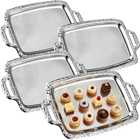 4 Pcs Elegant Rectangular Silver Serving Tray with Patterned Handles, Stainless Steel Floral Metal Plate with Polished Mirror Surface, 15.6 x 9.3 x 0.5 in for Vanity Buffet Wedding Party