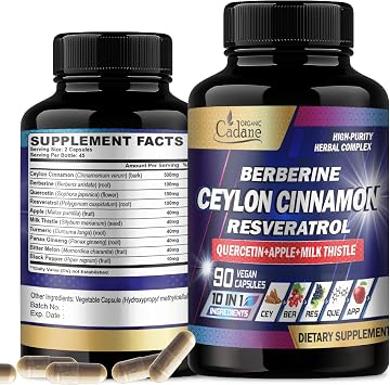 Cadane Ceylon Cinnamon, Berberine, Quercetin Supplement - Support Heart, Body, Digestive & Immunity - 10in1 with Milk Thistle, Turmeric, Apple & More - 90 Veggie Capsules