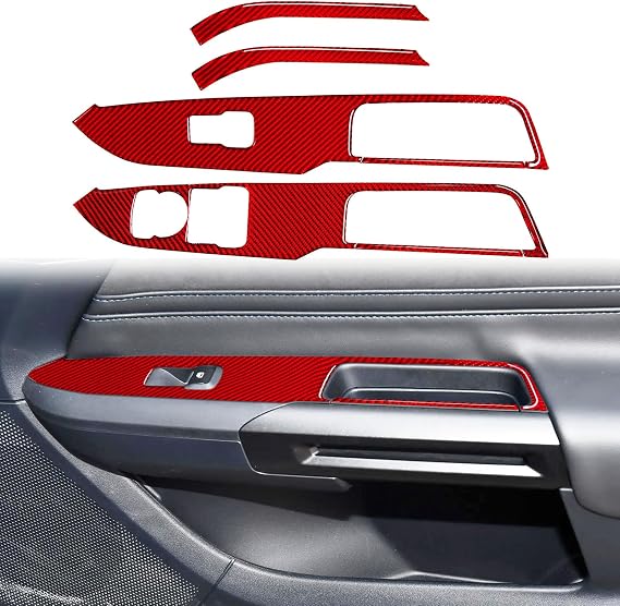 Carbon Fiber Door Window Control Switch Frame Panel Cover Trim Sticker Compatible with Ford Mustang Convertible 2024 2025 Interior Accessories Red (4Pcs)