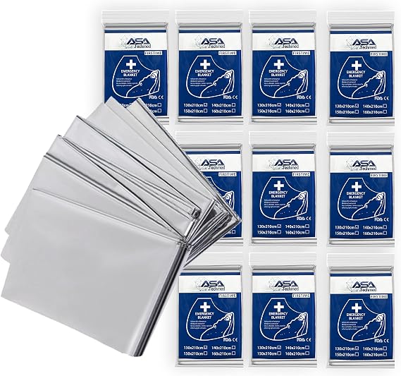 ASA TECHMED Emergency Blanket, Thermal Blankets Silver Foil Space Blanket. Designed for Outdoors, Camping, Survival, First Aid Preparedness Supplies, 10 Pcs