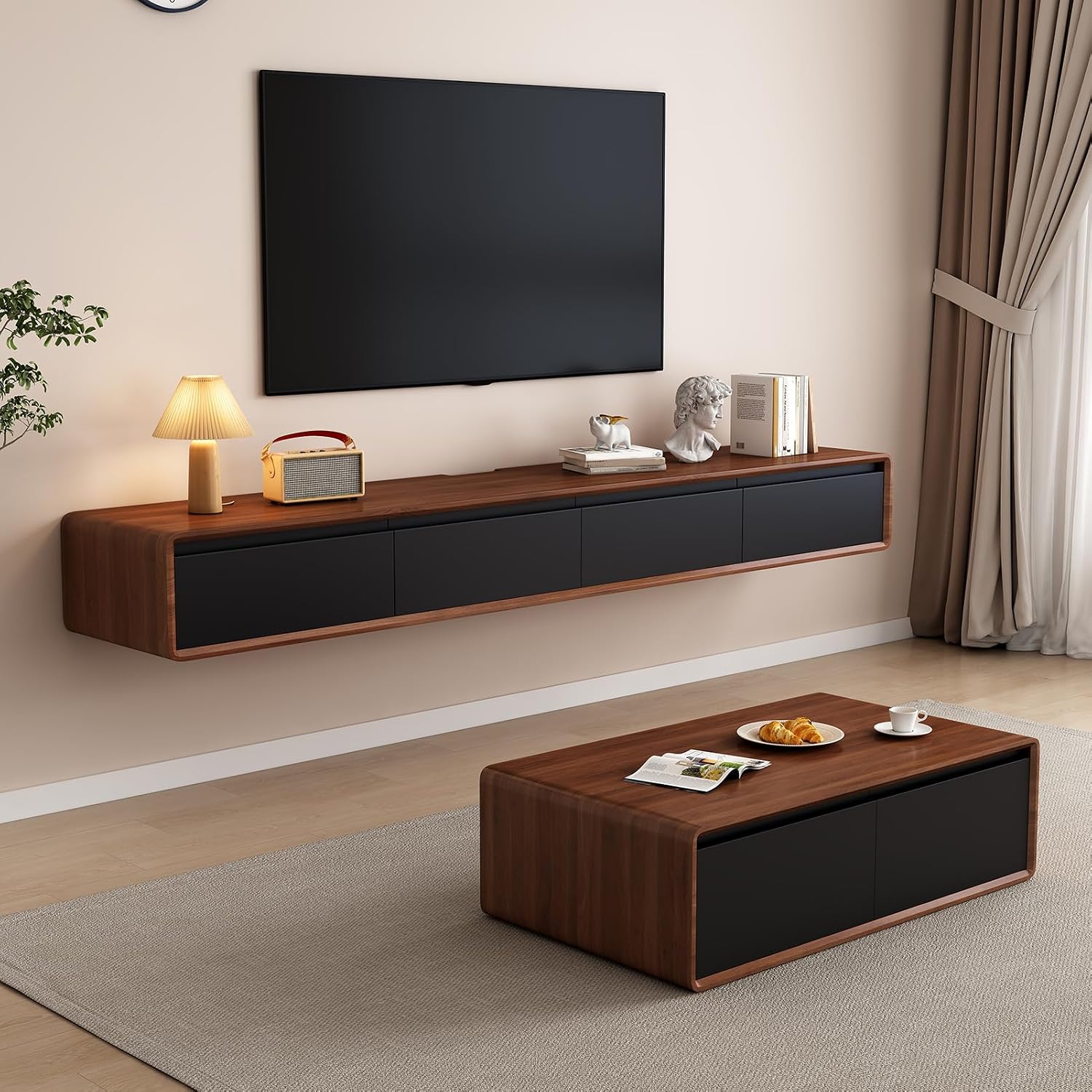 Floating TV Unit - Wall Mounted Media Console with 2 Flip-Down Doors & 2 Drawers Entertainment Center TV Cabinet, Video Shelf for Home Room (Walnut & Black, 160CM)