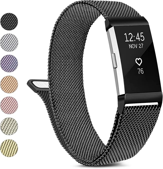 Metal Band Compatible with Fitbit Charge 2 Bands Women Men, Stainless Steel Mesh Loop Adjustable Wristband Replacement Strap for Fitbit Charge 2