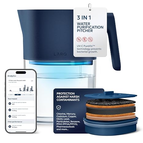 LARQ PureVis 3-in-1 Smart Water Filter Pitcher with UV-C Purifier and App | Lead, PFAS and chlorine out, minerals in. BPA-free plastic water filtration pitcher and jug, fits a fridge. 1.9L, M. Blue