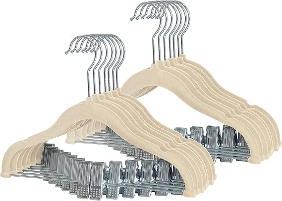 Finnhomy Non-Slip Clothes Hangers for Baby and Kids 20-Pack Velvet Hangers with Movable Clips, Heavy-Duty and Space-Saving for Pants,Skirts, Coat, Beige