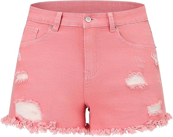 THUNDER STAR Women Mid Rise Ripped Stretchy Jeans Shorts Frayed Raw Hem Casual Denim Shorts