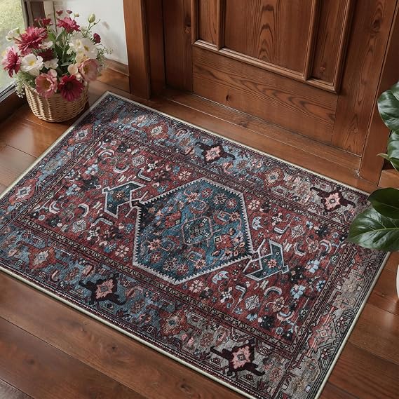 SERISSA Oriental 2x3 Small Washable Entryway Rug,Vintage Dark Red Throw Rug