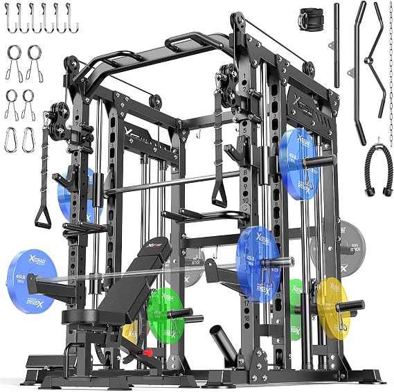 Multi-Purpose Squat Rack,Smith Machine Weight Rack Set with Cable Crossover System, Home Gym Power Racks, Power Racks and Packages