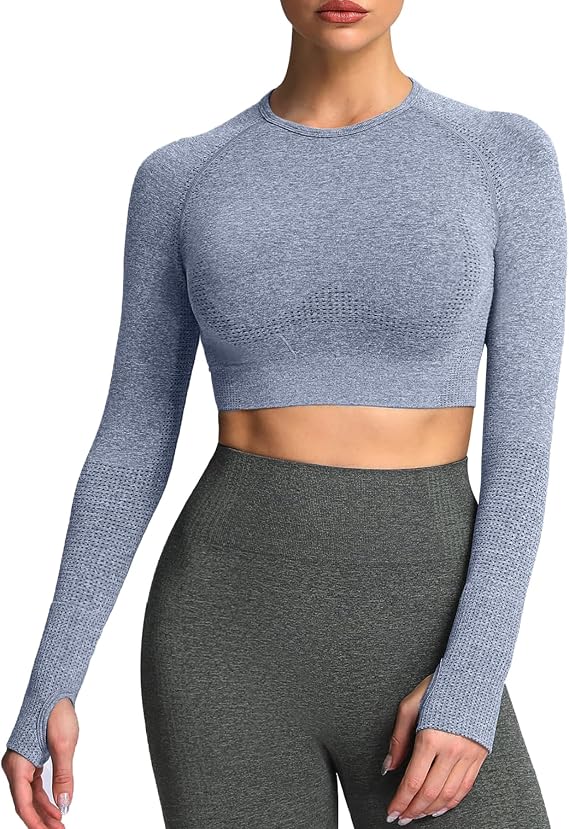 Aoxjox Seamless Long Sleeve Crop Tops | seamless fabric womens crop top,sweat-wicking, non-see-through, midriff warmth. Ideal for gym, workouts,daily wear.