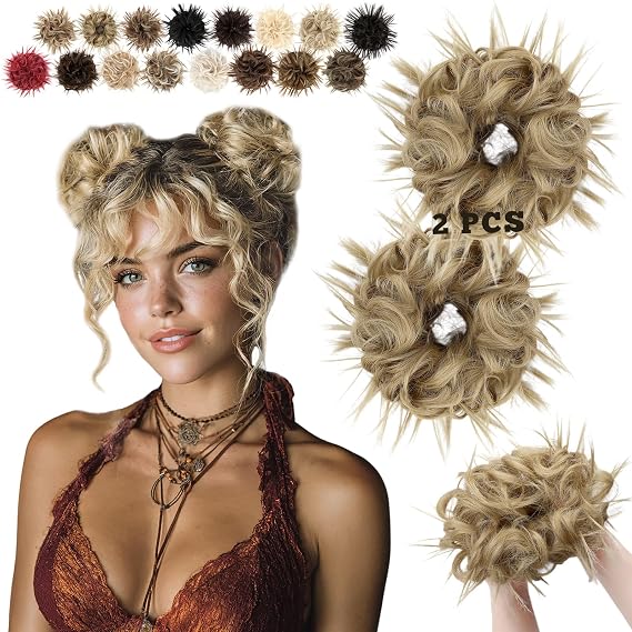 2PCS Messy Bun Hair Piece - Large Elastic Wavy Curly Hair Bun Scrunchies Ponytail Extensions Synthetic Chignon Thick Updo Hairpieces for Women 2.12oz each(Ash Blonde)