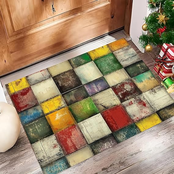 Dirt Trapper Door Mat, Retro Non-slip Barrier Mats for Indoor, Distressed Color Block Super Absorbent Entrance Rug Machine Washable Soft Floor Carpet, colorful, 50x80cm