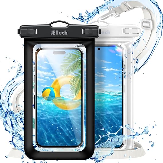 JETech Waterproof Phone Pouch, 2 Pack Water Proof Case for iPhone 17e 17 16e 16 15 14 Air Pro Max Plus, Galaxy S26 S25 Ultra, Pixel 10 Series and Others up to 7.2 Inch, IPX8 Dry Bag (Black+Clear)