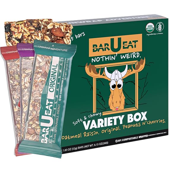 BAR-U-EAT Gluten-Free, Organic, Soft & Chewy Energy Bar. Real Food | Seed Oil Free | No Artificial Sugar | Compostable Packaging | Healthy Snacks (Variety 5 Pack)