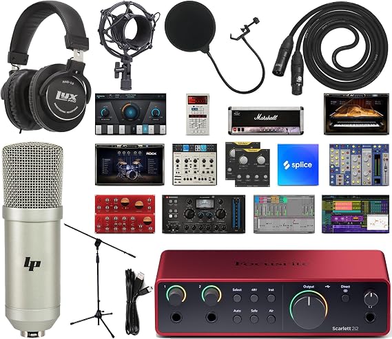 Focusrite Scarlett 2i2 4th Gen USB Audio Interface Bundle with Exclusive Creative Music Production Software Kit with LP Condenser Microphone with XLR Cable & Shock Mount, (2i2 LP Mic)