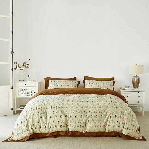 SUSYBAO Rose Floral Duvet Cover King 100% Cotton 3 Pieces Set 1 Brown Hem Boho Flower Duvet Cover with Zipper Ties 2 Pillow Shams Bohemian Green Botanical Paisley Bedding Set Soft