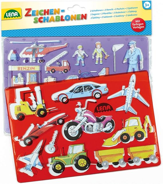 Lena 65773 - Stencil Set Vehicles and People, 2 Stencils and Colour Samples of Vehicles and People, Painting Stencils, Each Approx. 26 x 19 cm, Painting Set for Children from 3 Years of Age