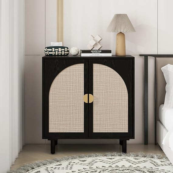 Sideboard Buffet Cabinet with Storage - Natural Rattan 2 Door Cabinet, Accent Storage Cabinet with Wicker Door, Boho Wood Credenza for Living Room, Kitchen (Black)
