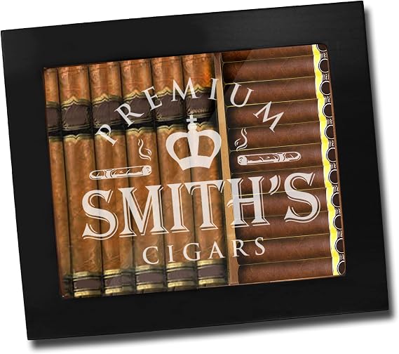 The Wedding Party Store Custom Personalized Premium Cigar Humidor Box with Hygrometer, Humidifier and Glass Top - Engraved Wood Cigar Box Gift Set (Personalized - Black Matte)